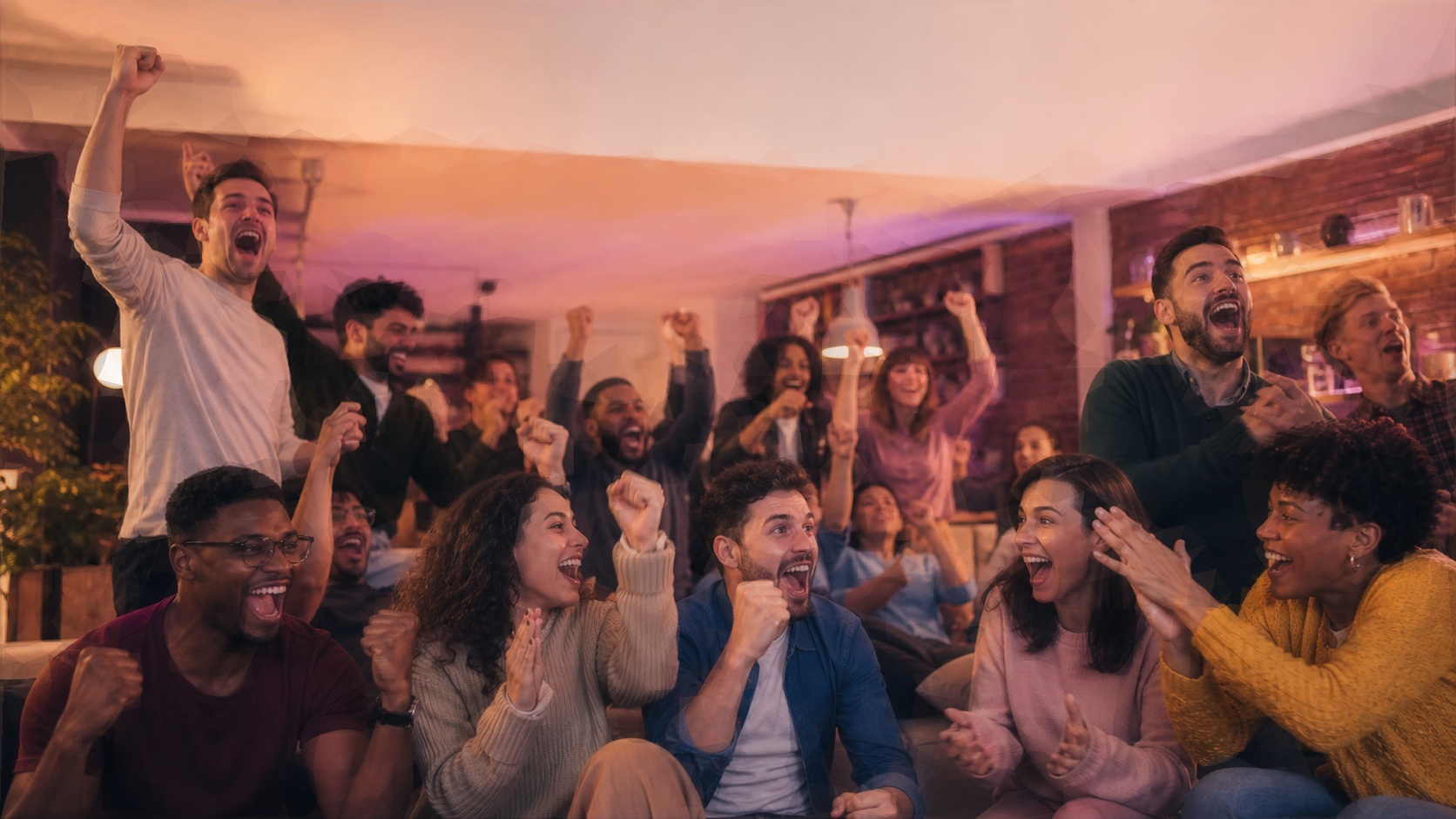 A poly-art crowd cheering together during a live sports moment