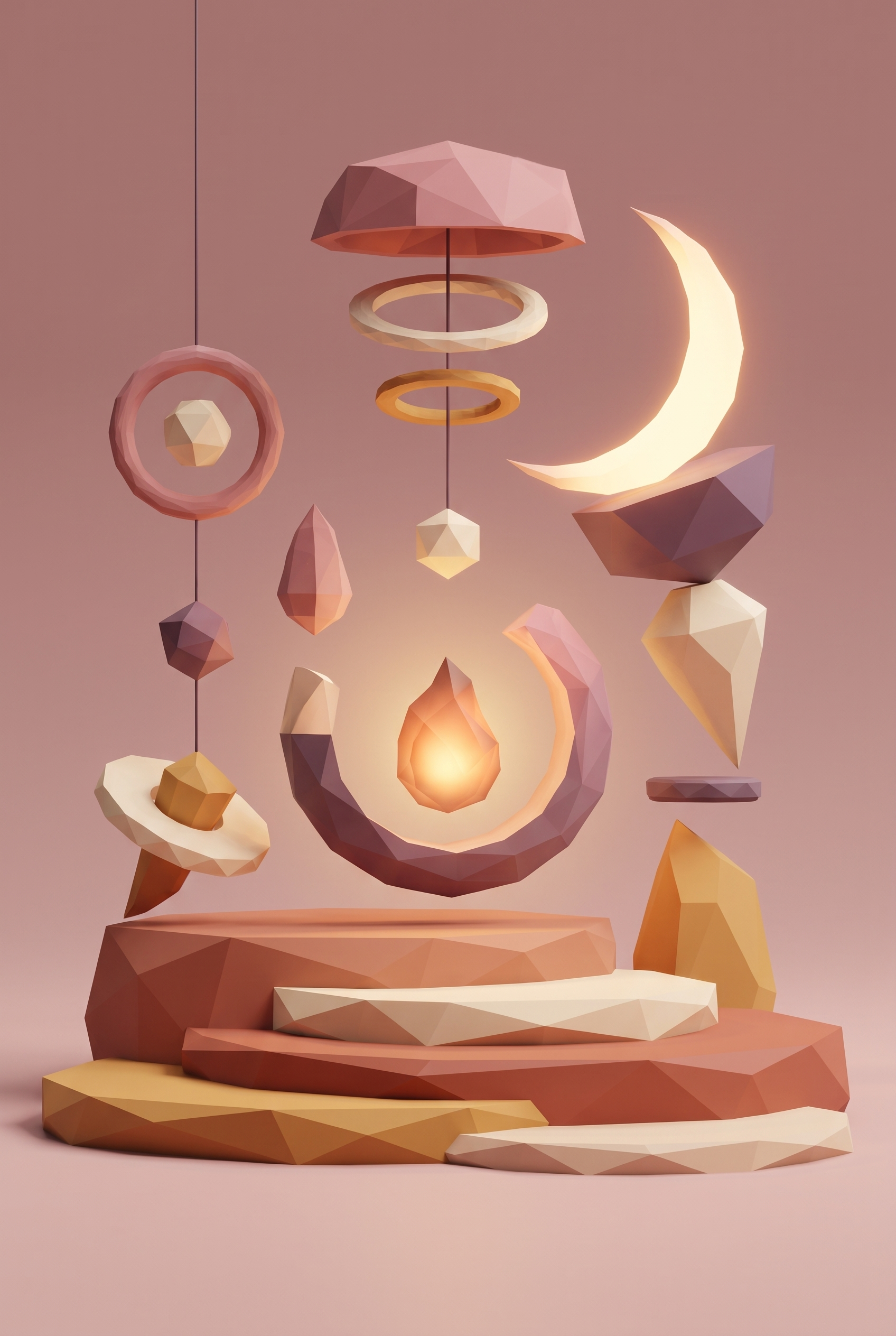 A modular faceted sanctuary with balanced stones, light, and suspended rings