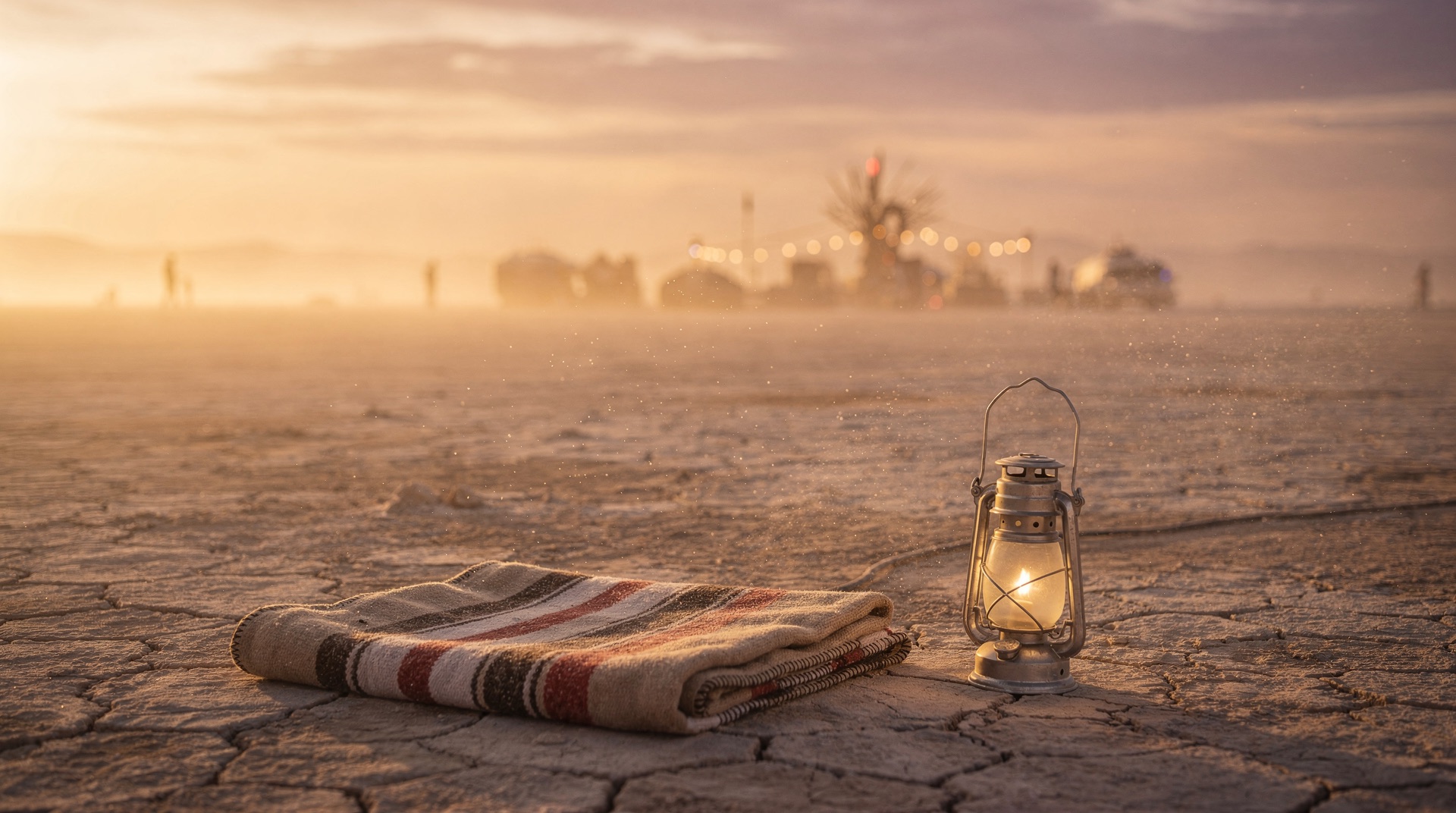 A folded camp blanket and a lit lantern on the cracked playa at dusk, with camp silhouettes and string lights glowing on the horizon