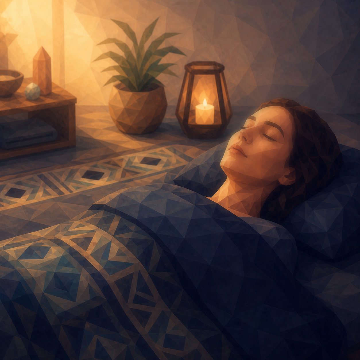 A woman resting deeply by candlelight, eyes closed, during a nervous system reset session