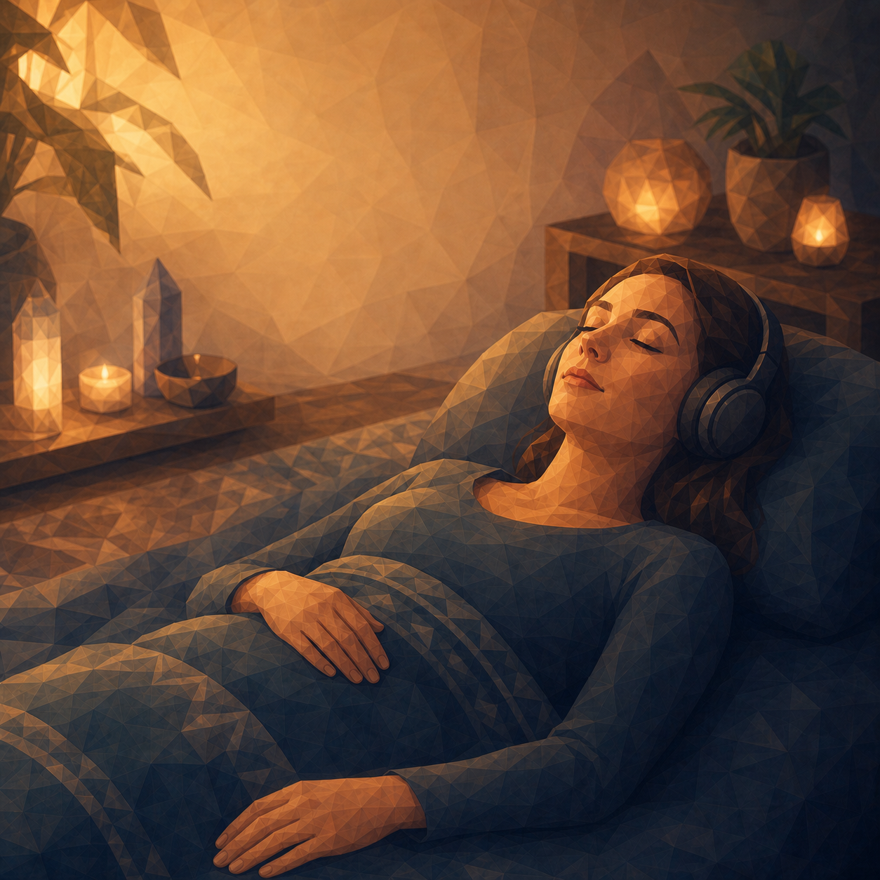 A woman resting with headphones during a Denver Zen Den session