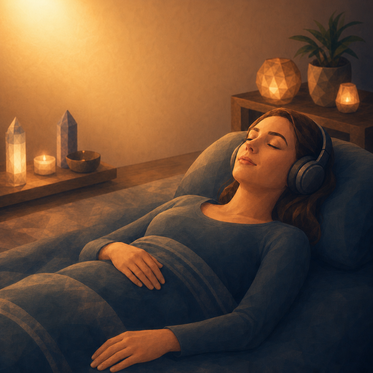 A woman resting with headphones during a Denver Zen Den session