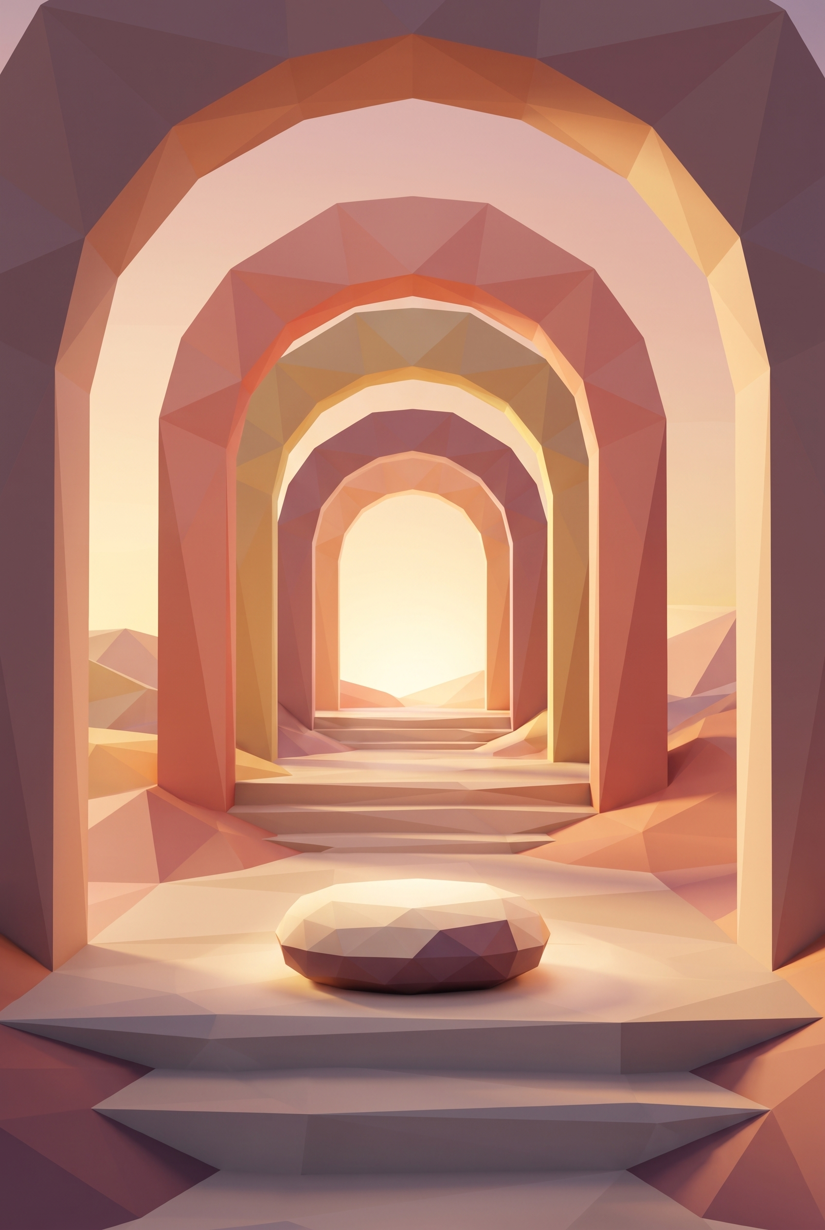 A warm faceted sanctuary with glowing archways opening toward a gentle light