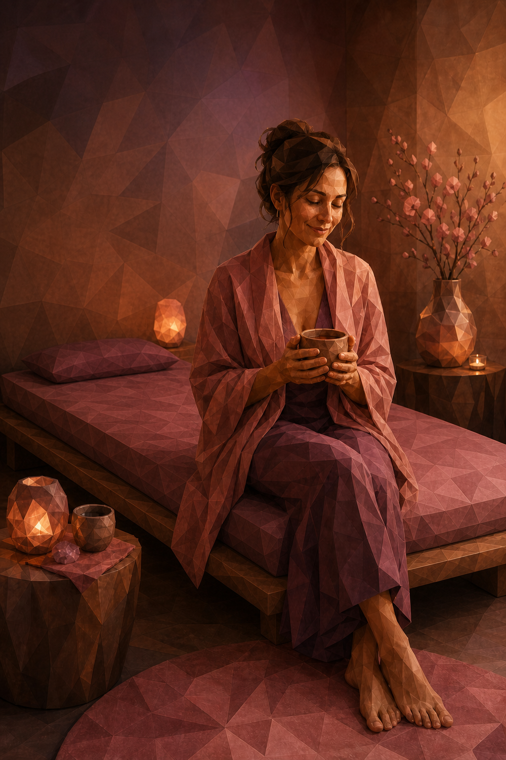 Guest holding ceremonial cacao beside a flat treatment bed after a warm Heart Opener session at the Denver Zen Den