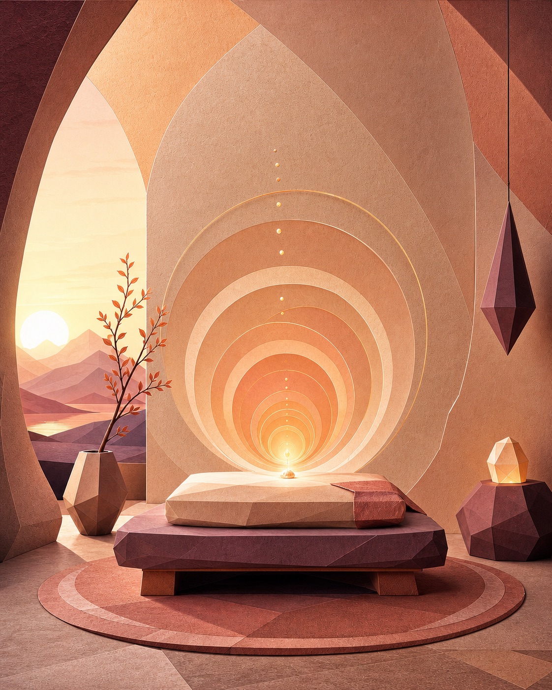 A warm sculptural room with calm rings of light opening above a resting platform