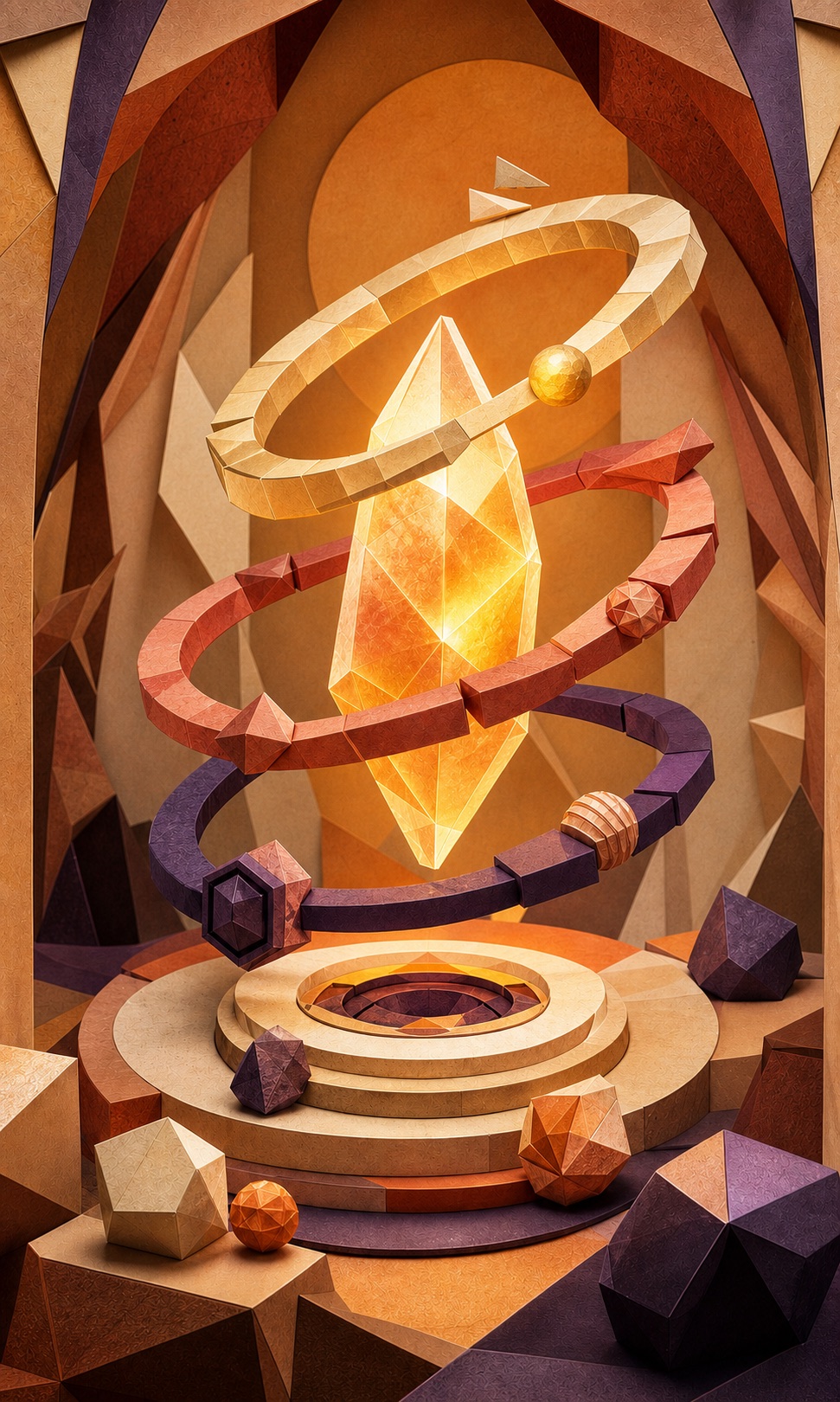A path of embers moving through layered archways toward sunrise