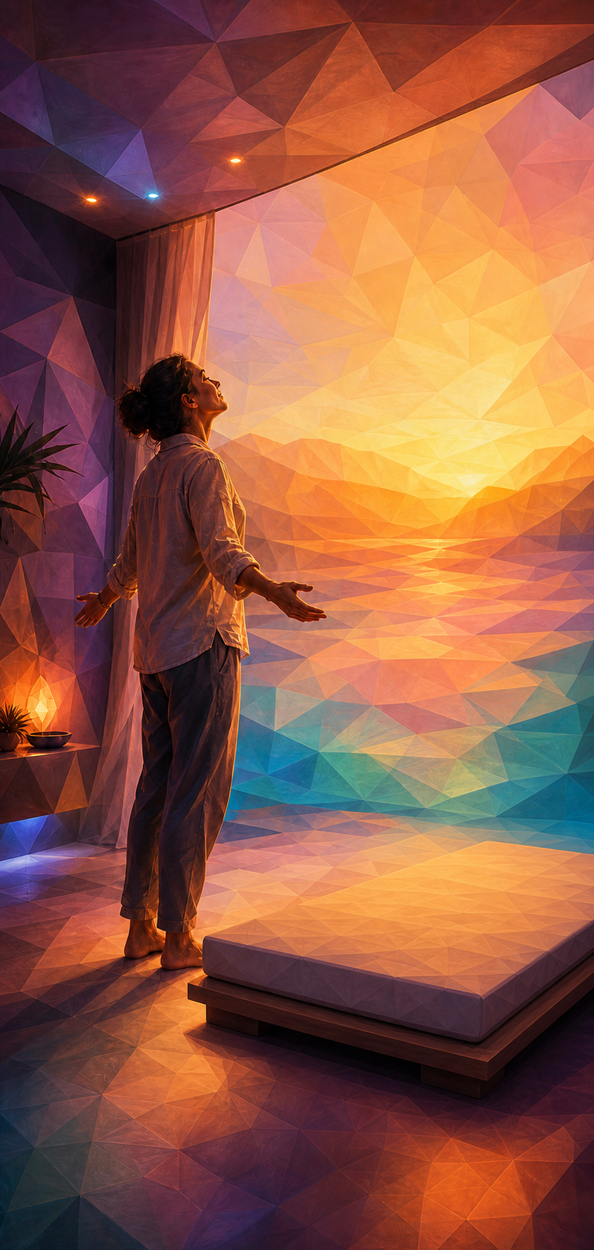 Guest standing with arms open beside a flat treatment bed after a Quantum session at the Denver Zen Den