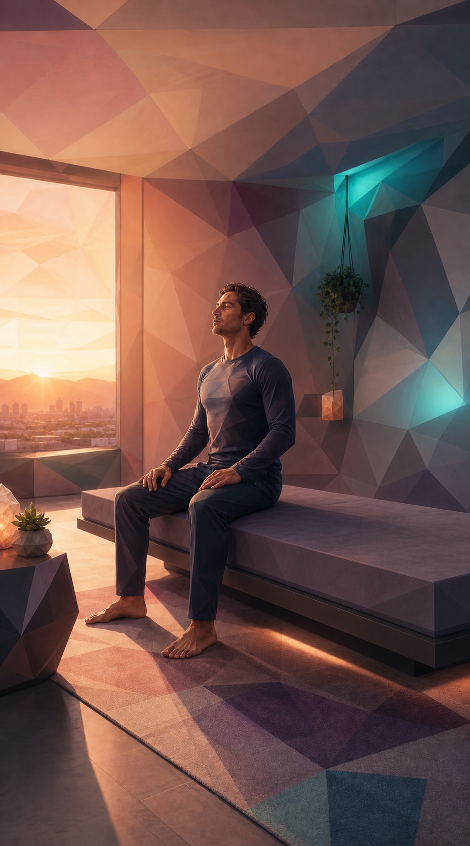Guest sitting up on a flat treatment bed after a Reboot session at the Denver Zen Den, with sunrise light and teal room lighting