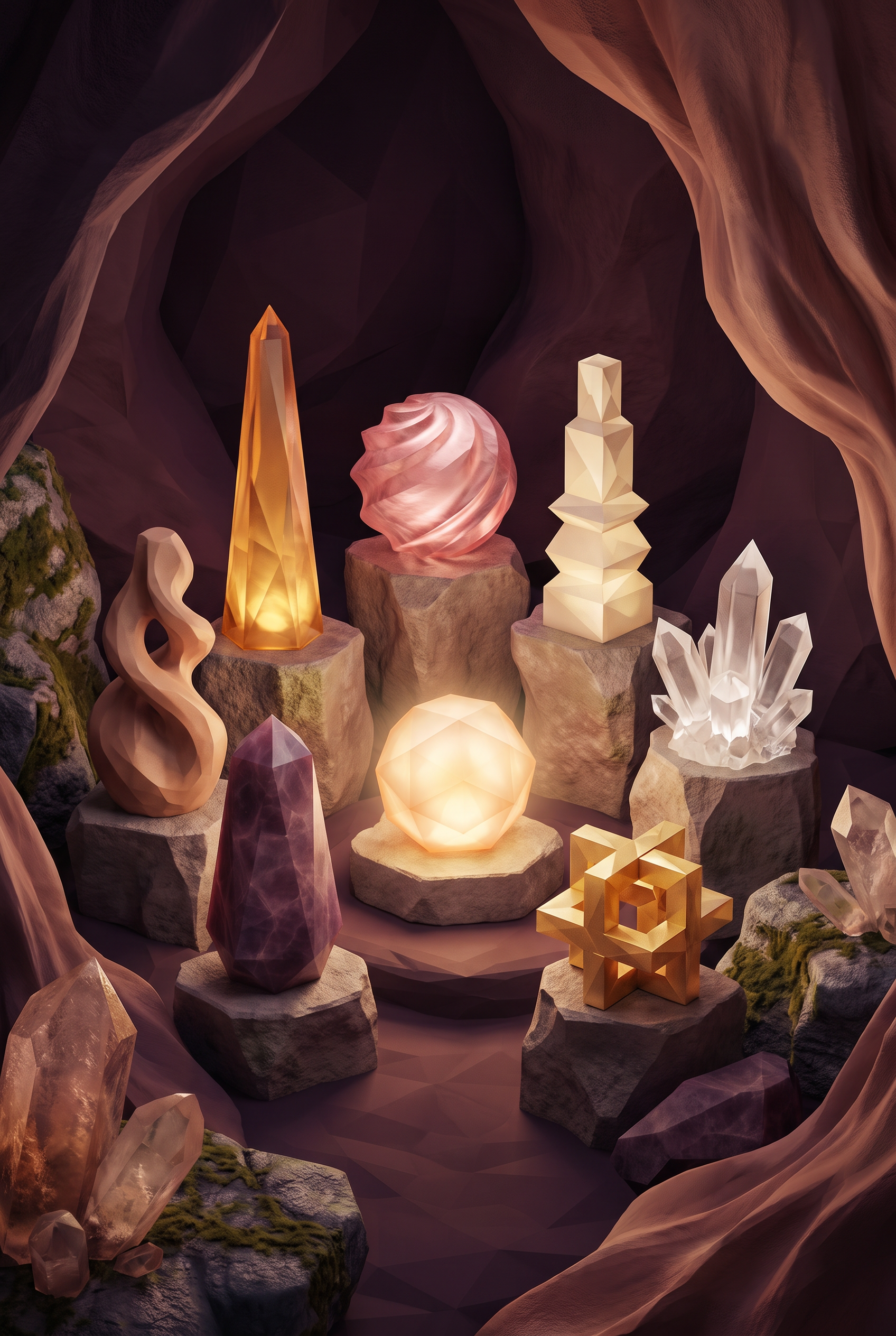 Seven distinct luminous forms arranged around a calm central glow